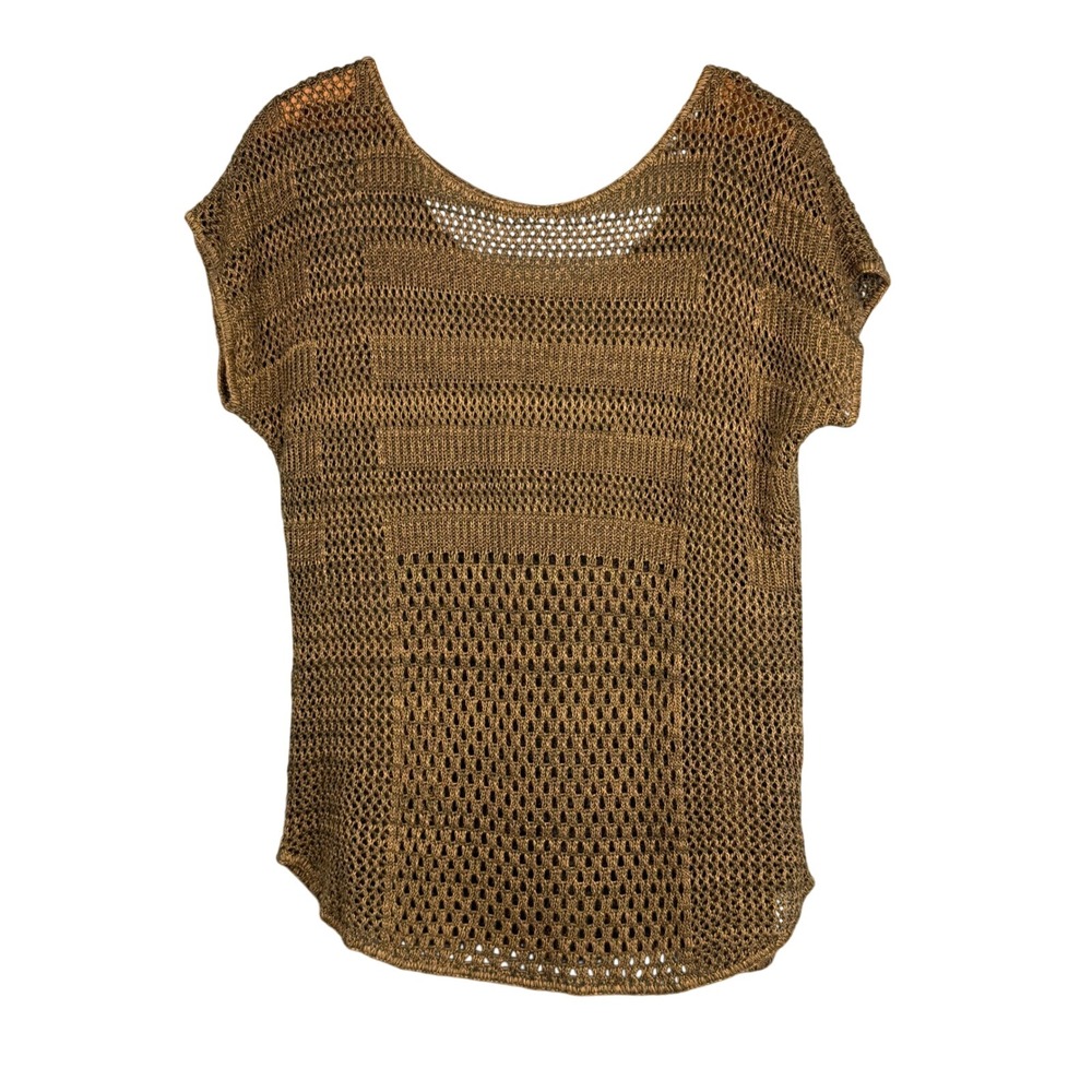Green Bronze Open Knit Mesh Sweater Top Scoop Neck Boho Forest Fairy Lagen Look